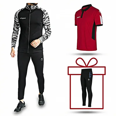 ست پیشنهادی فوتبال آلشپرت اصلی قرمز مشکی پسرانه مناسب سایز S گرمکن و پولوشرت+ لگ آلشپرت رایگان