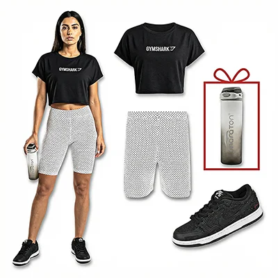 ست پیشنهادی ورزشی زنانه راحت 1022 شامل کفش نایک شلوارک راحت نیم تنه جیم شارک + قمقمه ماراتون رایگان